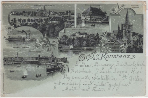 Baden-Württemberg - Konstanz, Mondschein-Mehrbildlitho, gelaufen/Irrläufer 1900