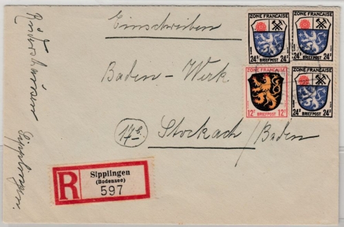 FZ-Allg. - 3x24+12 Pfg. Wappen, Einschreibebrief Sipplingen - Stockach 1946