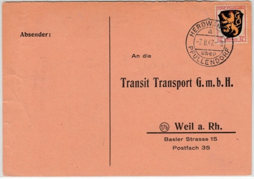 FZ-Allg. - Herdwangen ü. Pfullendorf 1947, Poststelle I Karte n. Weil