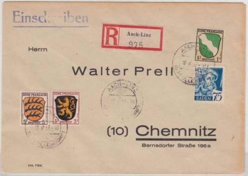 FZ-Baden/Allg. - 75 Pfg. Baldung u.a. Einschreibebrief Aach-Linz - Chemnitz 1947
