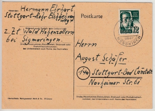 FZ-Baden - Wald ü. Messkirch 1947, Poststelle I, Karte n. Stuttgart