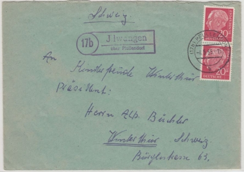 BRD - (17b) Illwangen ü. Pfullendorf, Landpost-Ra2 a. Brief i.d. SCHWEIZ 1955