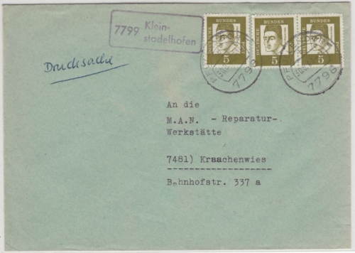 BRD - 7799 Kleinstadelhofen, Poststelle I Ra1 a. Drucksache Pfullendorf 1963 n.