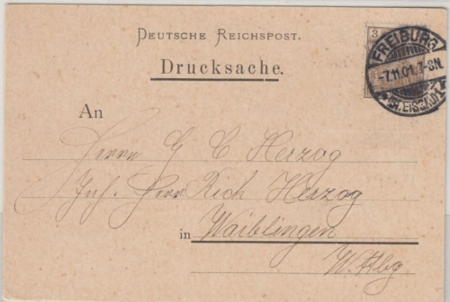 DR - 3 Pfg. Germania, Vertreteravis (Kaffee Kuenzer) Freiburg - Waiblingen 1901
