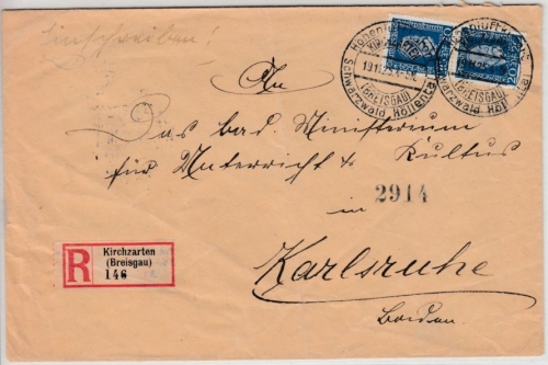 DR - 2x20 Pfg. Stephan, Einschreibebrief Kirchzarten - Karlsruhe 1925
