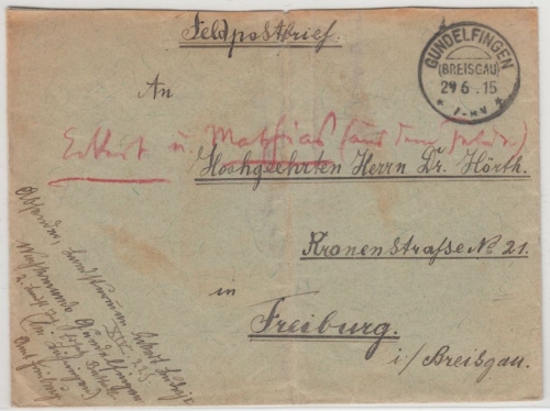 DR - Gundelfingen (Breisgau) 1915, KOS a. Feldpostbrief n. Freiburg, mit Inhalt