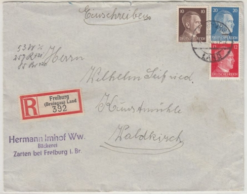 DR - Freiburg Land, Einschreibebrief Zarten - Waldkirch 1943