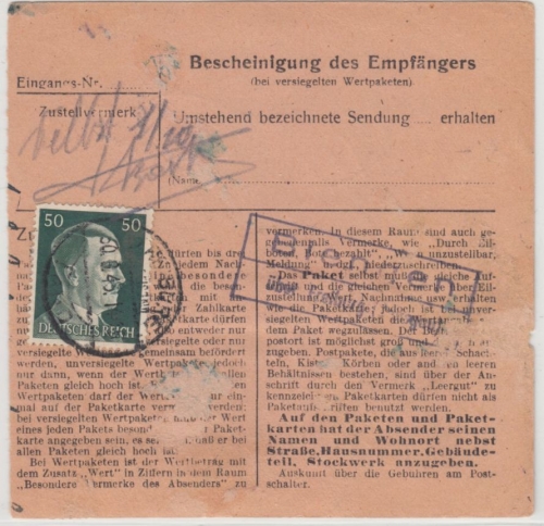 DR - Biengen ü. Freiburg Landpost-Ra2 a. Dringend-Paketkarte n. Schmierbach 1943