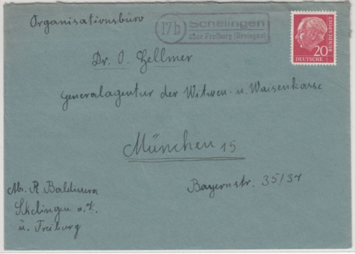 BRD - Schelingen ü. Freiburg, Landpost-Ra2 a. Brief n. München (1958)