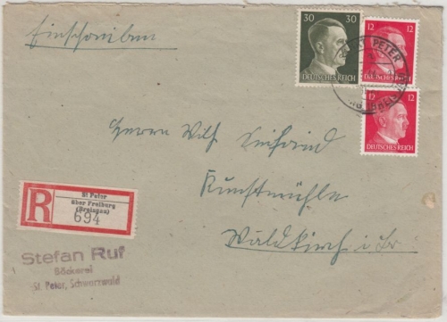 DR - St. Peter ü. Freiburg, Oststelle I, Einschreibebrief n. Waldkirch 1944