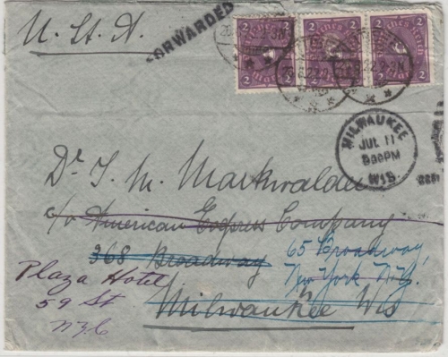 DR-Infla - 3x2 M. Posthorn, Brief n. USA, Titisee - Milwaukee, Nachsendung 1922