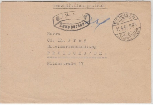 All.Bes. - St. Blasien (Schwarzwald) 1947, Gebühr bezahlt, Brief n. Freiburg