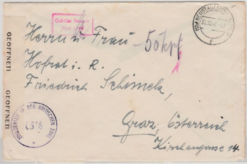All.Bes. - Neustadt (Schwarzwald) 1947, Gebühr bezahlt, Ra2 Zensurbrief n.
