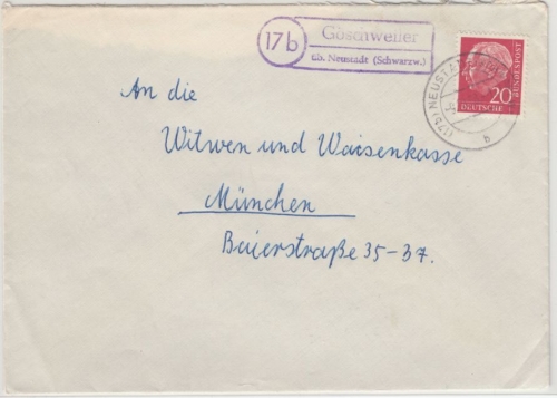 BRD - (17b) Göschweiler ü. Neustadt, Landpost-Ra2 a. Brief n. München 1958