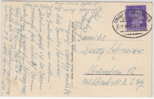 DR - Bahnpost Titisee - Seebrugg Z.1942, Karte Seebrug n. München 1942