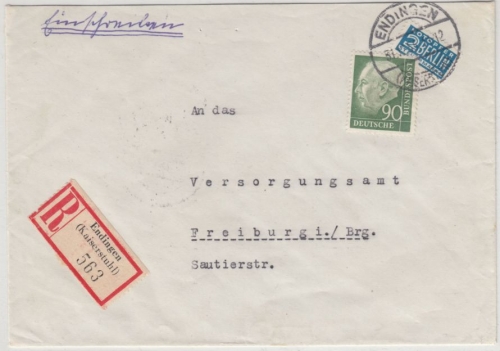 BRD - 90 Pfg. Heuss I, Einschreibebrief Endingen - Freiburg 1955