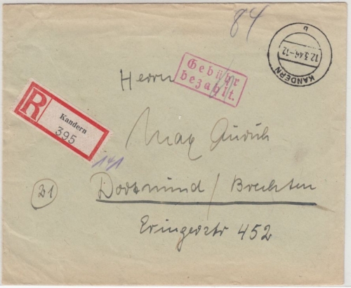 All.Bes. - Kandern 1946, Gebühr bezahlt, Ra2 a. Einschreibebrief n. Dortmund