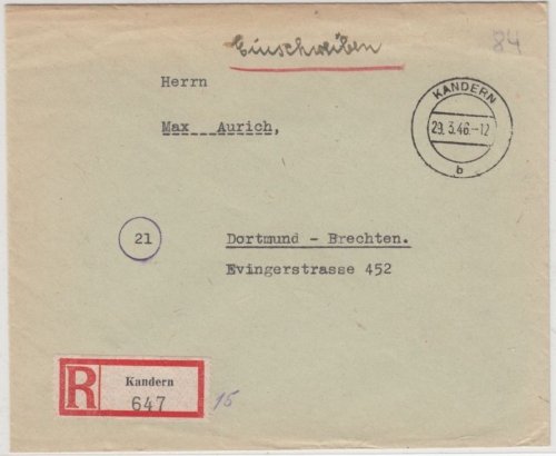 All.Bes. - Kandern 1946, Einschreibebrief/bar frankiert n. Dortmund