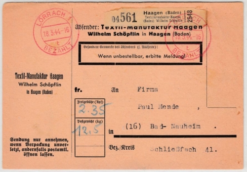 DR - Lörrach 1 Bezahlt, Paketkarte/Selbstbucher (Textilmanufaktur Haagen) 1944