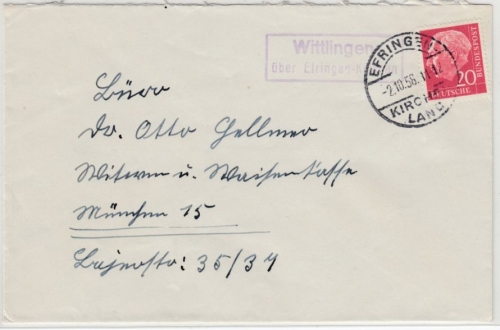 BRD - Wittlingen ü. Efringen-Kirchen, Landpost-Ra2 a. Brief n. München 1958