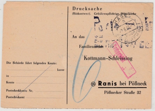 All.Bes. - Hasel ü. Schopfheim 1948, unfrank. Karte/Nachporto n. Ranis