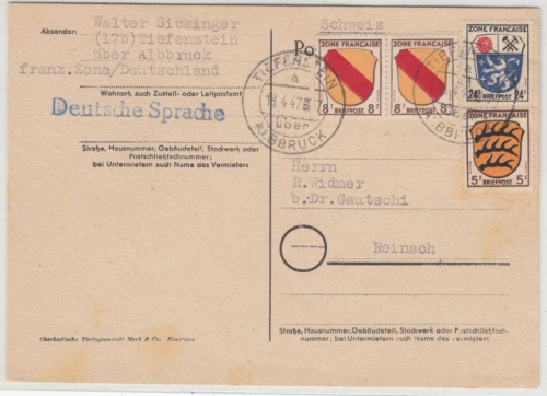 FZ/Allg. - 24+5+2x8 Pfg. Wappen, Karte i.d. SCHWEIZ, Tiefenbach ü. Albbruck 1947