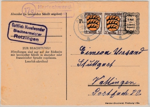 FZ/Allg. - (17a) Hartschwand ü. Albbruck, Landpost-Ra2 a. 6 Pfg. GA-Karte+Zusatz
