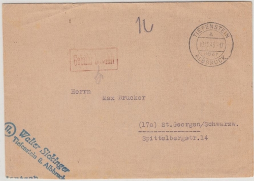 All.Bes. - Tiefenstein ü. Albbruck 10.12.45, Poststelle I, Gebühr bezahlt Brief