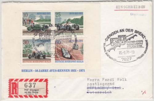 BRD - Giengen a.d.Brenz, SST + Sonder-R-Zettel GIBRIA, Einschreibebrief 1971 n.