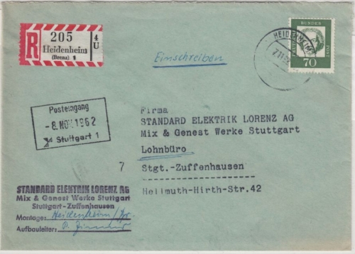 BRD - Heidenheim 1962, teilapt. Tagesstpl., Einschreibebrief n. Stuttgart