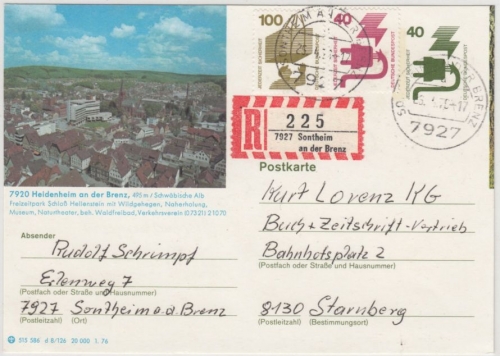 BRD - 40 Pfg. UV Bild-GA+Zusatz/Einschreibekarte Sontheim - Starnberg 1976