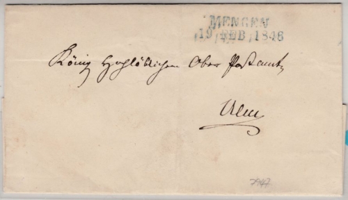 Württemberg - Mengen 1846, blauer L2 a. portofr. Postsache n. Ulm, ohne Inhalt