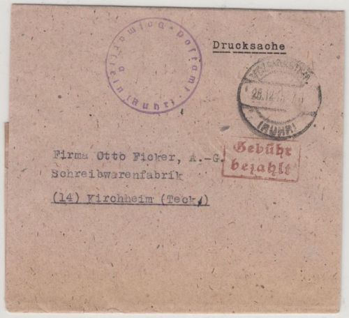 All.Bes. - Volmarstein 28.12.45, Gebühr bezahlt, Ra2 Drucksachenstreifband n.
