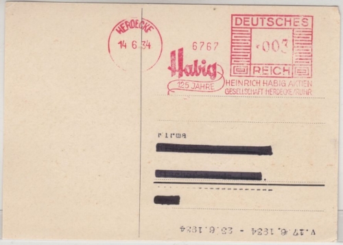 DR - Herdecke 1934 3 Pfg. AFS "125 J. Habig AG" (Stoffdruckerei) Werbedrucksache