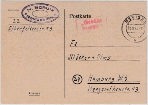 All.Bes. - Neviges 3.9.45, Gebühr bezahlt, roter Ra2 a. Karte n. Hamburg