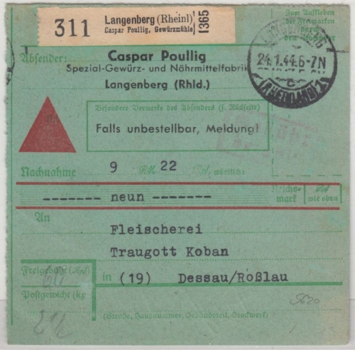 DR - Langenberg 1944, Nachnahme-Paketkarte/Selbstbucher (Gewürzmühle) n. Dessau