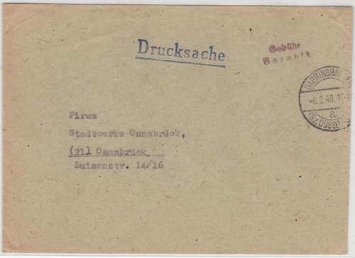 All.Bes. - Dabringhausen 1946, Gebühr Bezahlt, L2 a. Drucksache n. Osnabrück