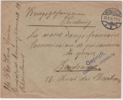 DR - Remscheid 1915, Kriegsgefangenenbrief n. FRANKREICH, Zensur-L2