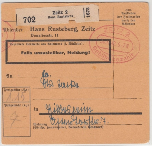 DR - Zeitz 2 1942, Gebühr bezahlt, Paketkarte/Selbstbucher (Rusteberg) n.