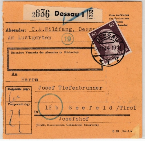 DR - 60 Pfg. AH, Paketkarte Dessau - Seefeld/Tirol 1944