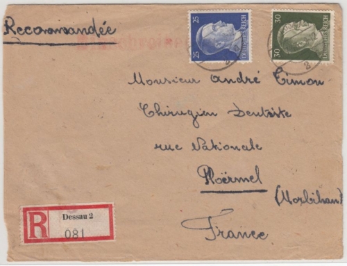 DR - 25+30 Pfg. AH, Einschreibebrief/Zwnagsarbeiter n. FRANKREICH, Dessau Bamag