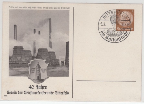 DR - Bitterfeld 1937, 40 J. Briefmarkenfreunde, 3 Pfg. Privat-GA-Karte + SST
