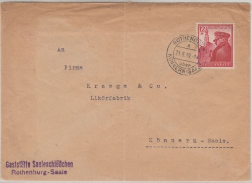 DR - Rothenburg ü. Könnern (Saale) 1939, Poststelle I a. Brief n. Könnern
