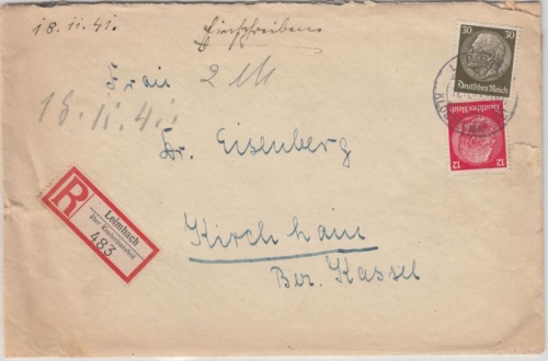 DR - Leimbach ü. Klostermansfeld Poststelle I Einschreibebrief n. Kirchhain 1941