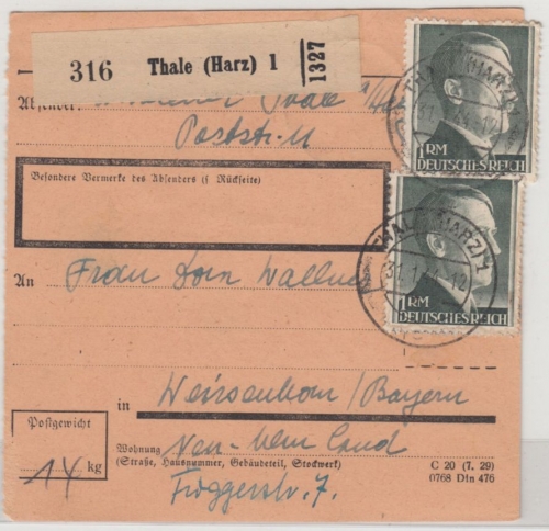 DR - 3x1 RM+25 Pfg. AH, Paketkarte Thale (Harz) - Weißenhorn 1944