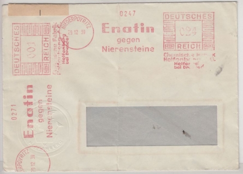 DR - Niederpoyritz 1939, 24+1 Pfg. AFS "Enatin gg Nierensteine", Zensurbrief