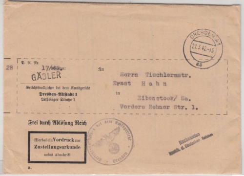 DR - Dresden 1942, Zustellurkunde/Frei d. Ablösung, Brief mit Inhalt (!!) n.