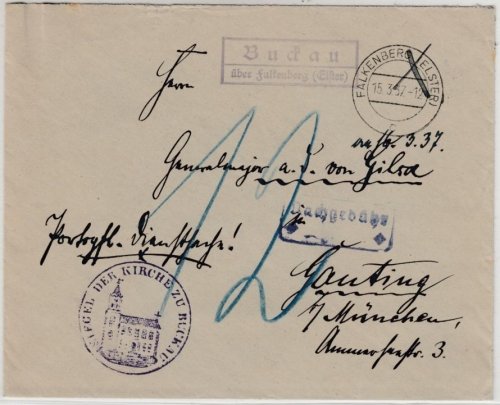 DR - Buckau ü. Falkenberg (Elster), Landpost-Ra2 a. Dienstbrief/Nachporto 1937
