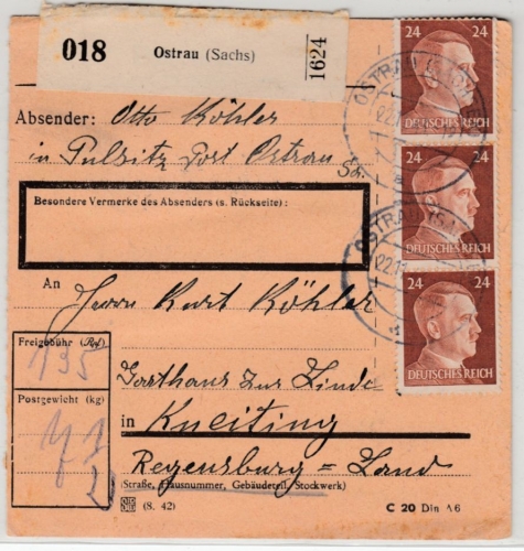 DR - 5x24 Pfg. AH u.a., Paketkarte Ostrau (Sachs) - Kneiting 1943