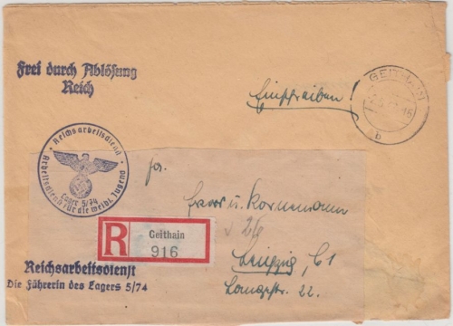 DR - Geithain 1942 Frei d. Ablösung/Einschreibebrief n. Leipzig